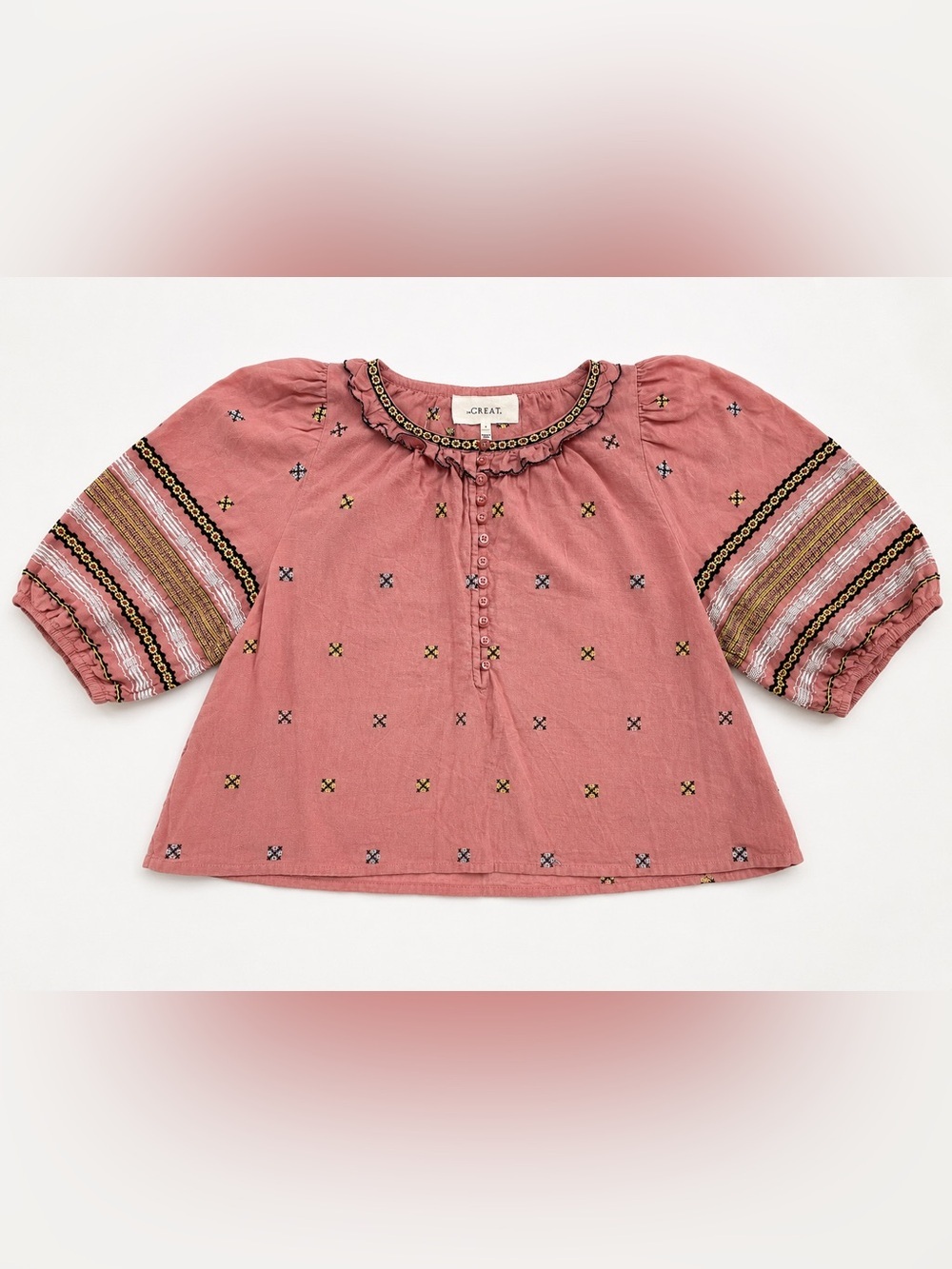 THE GREAT Embroidered Peasant Blouse Pink Boho Puff Sleeve Top